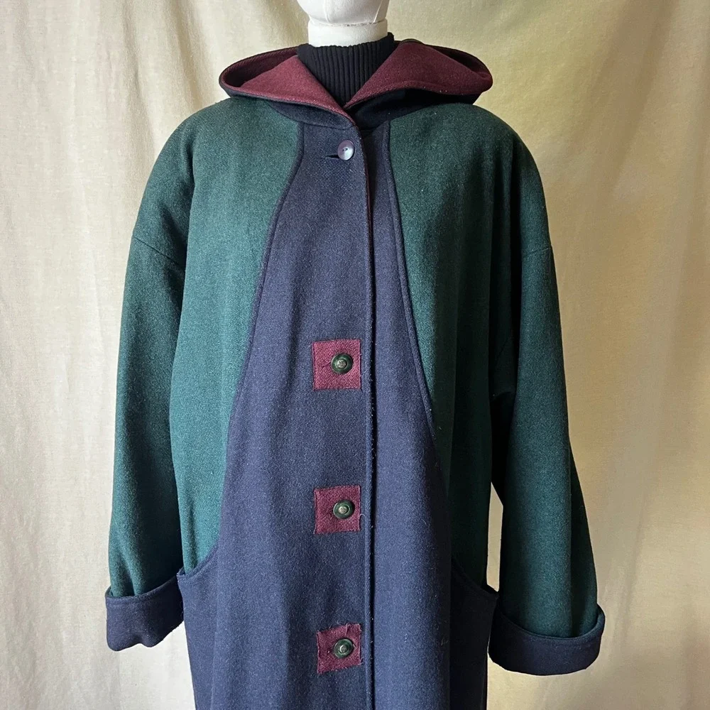 Braetan Color Block Hooded Wool Coat Womens 3X‎ 20W Green Navy Maxi Coat